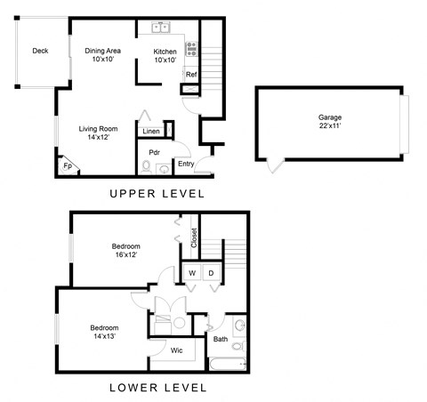 Floor plan for 2 beds, 1.5 baths, 1226 sqft